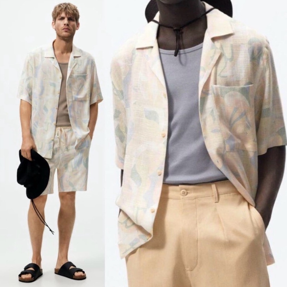 Zara | Mens 2 Piece Matching Set Pink Blue Abstract Print Linen Shirt Shorts S